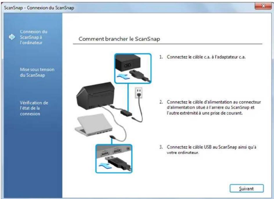 ScanSnap - Connexion du ScanSnap Comment brancher le ScanSnap 1. Connectez le câble c.a. à l'adaptateur c.a. 2. Connectez le câble d'alimentation au connecteur d'alimentation situé à l'arrière du ScanSnap et l'autre extrémité à une prise de courant. 3. Connectez le câble USB au ScanSnap ainsi qu'à votre ordinateur. Connexion du ScanSnap à l'ordinateur Mise sous tension du ScanSnap Vérification de l'état de la connexion Suivant