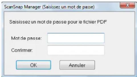 ScanSnap Manager (Saisissez un mot de passe) Saisissez un mot de passe pour le fichier PDF Mot de passe: Confirmer: OK Annuler