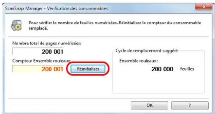 ScanSnap Manager - Vérification des consommables Pour vérifier le nombre de feuilles numérisées. Réinitialisez le compteur du consommable remplacé. Nombre total de pages numérisées: 200 001 Compteur Ensemble rouleaux: 200 001 Réinitialiser Cycle de remplacement suggéré Ensemble rouleaux: 200 000 feuilles OK ?