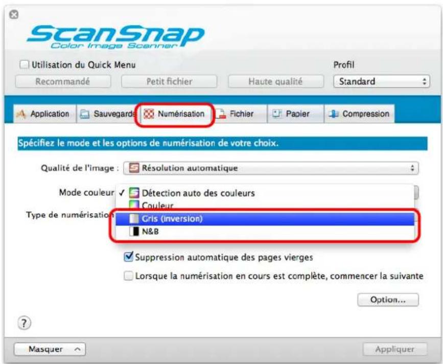 ScanSnap Color Image Scanner Utilisation du Quick Menu Recommandé Petit fichier Haute qualité Standard Application Sauvegards Numérisation Fichier Papier Compression Spécifiez le mode et les options de numérisation de votre choix. Qualité de l'image : Résolution automatique Mode couleur Détection auto des couleurs Couleur Type de numérisation Gris (inversion) N&B Suppression automatique des pages vierges Lorsque la numérisation en cours est complète, commencer la suivante Option... Masquer Appliquer