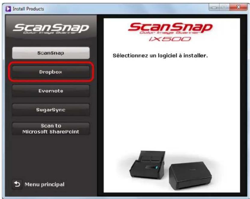 ScanSnap Color Image Scanner ScanSnap Dropbox Evernote SugarSync Scan to Microsoft SharePoint Menu principal ScanSnap Color Image Scanner IX500 Sélectionnez un logiciel à installer.