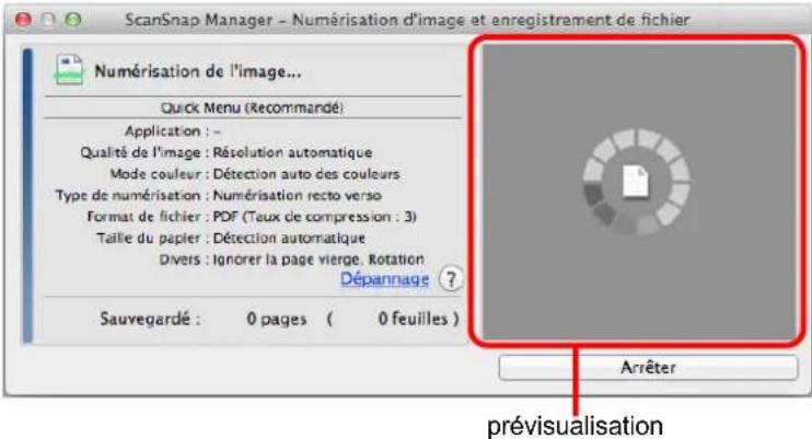 ScanSnap Manager - Numérisation d'image et enregistrement de fichier Numérisation de l'image... Quick Menu (Recommandé) Application : - Qualité de l'image : Résolution automatique Mode couleur : Détection auto des couleurs Type de numérisation : Numérisation recto verso Format de fichier : PDF (Teux de compression : 3) Taille du papier : Détection automatique Divers : Ignorer la page vierge. Rotation Dépannage ? Sauvegardé : 0 pages ( 0 feuilles ) Arrêter prévisualisation