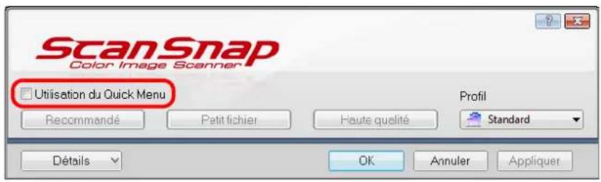 ScanSnap Color Image Scanner Utilisation du Quick Menu Recommandé Petit fichier Haute qualité Profil Standard Détails OK Annuler Appliquer