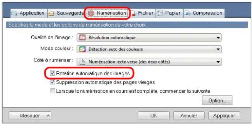 Application Sauvegarde Numérisation Fichier Papier Compression Spécifiez le mode et les options de numérisation de votre choix Qualité de l'image : Résolution automatique Mode couleur : Détection auto des couleurs Côté à numériser : Numérisation recto verso (des deux côtés) Rotation automatique des images Suppression automatique des pages vierges Lorsque le numérisation en cours est complète, commencer la suivante Option... Masquer OK Annuler Appliquer
