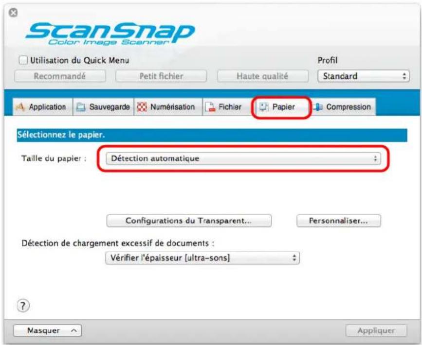 ScanSnap Color Image Scanner Utilisation du Quick Menu Recommandé Petit fichier Haute qualité Profil Standard Application Sauvegarde Numérisation Fichier Papier Compression Sélectionnez le papier. Taille du papier : Détection automatique Configurations du Transparent... Personnaliser... Détection de chargement excessif de documents : Vérifier l'épaisseur [ultra-sons] ? Masquer Appliquer