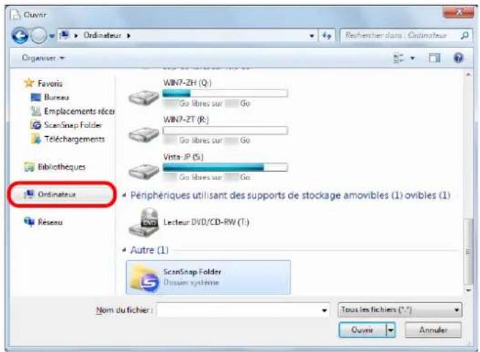 Ouynr Ordinateur Organiser Favoris Bureau Emplacements récem ScanSnap Folder Téléchargements Bibliothèques Ordinateur Réseau WIN7-ZH (Q:) Go libres sur Go WIN7-ZT (R:) Go libres sur Go Vista-JP (S:) Go libres sur Go Pérphériques utilisant des supports de stockage amovibles (1) ovibles (1) Lecteur DVD/CD-RW (T:) Autre (1) ScanSnap Folder Dossier système Nom du fichier: Tous les fichiers (*.*) Ouynr Annuler