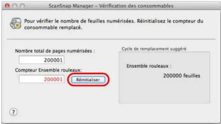 ScanSnap Manager - Vérification des consommables Pour vérifier le nombre de feuilles numérisées. Réinitialisez le compteur du consommable remplacé. Nombre total de pages numérisées : 200001 Compteur Ensemble rouleaux: 200001 Réinitialiser Cycle de remplacement suggéré Ensemble rouleaux : 200000 feuilles ?
