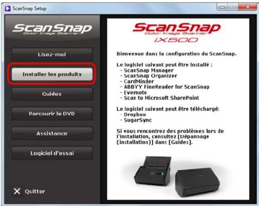 ScanSnap Setup ScanSnap Color Image Scanner Lisez-moi Installer les produits Guidos Parcourir le DVD Assistance Logiciel d'essai Quitter ScanSnap Color Image Scanner IX500 Bienvenue dans la configuration du ScanSnap. Le logiciel suivant peut être installé : - ScanSnap Manager - ScanSnap Organizer - CardMinder - ABBYY FineReader for ScanSnap - Evernote - Scan to Microsoft SharePoint Le logiciel suivant peut être téléchargé: - Dropbox - SugarSync Si vous rencontre des problèmes lors de l'installation, consultez [Dépannage (installation)] dans [Guides]. × Quitter