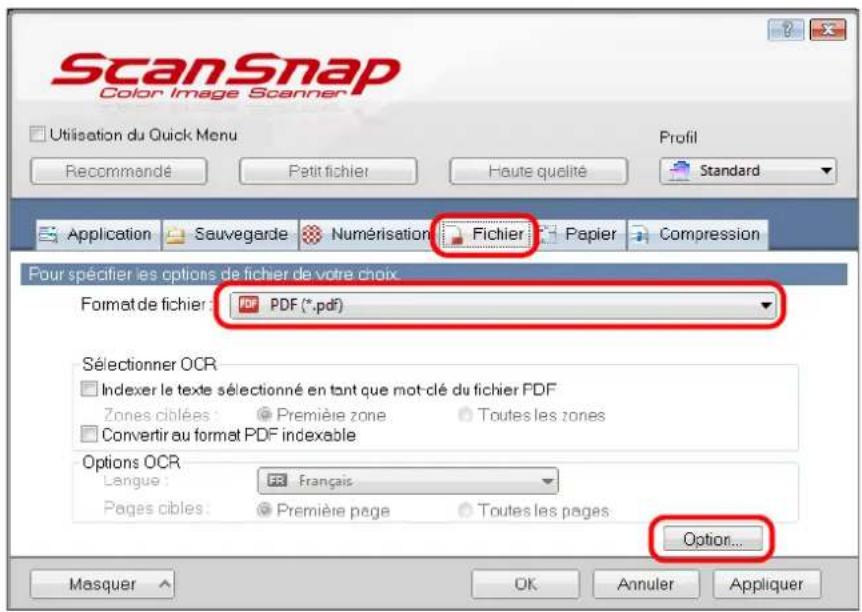 ScanSnap Color Image Scanner Utilisation du Quick Menu Recommandé Petit fichier Haute qualité Standard Application Sauvegarde Numérisation Fichier Papier Compression Pour spécifier les options de fichier de votre choix. Format de fichier: PDF (*.pdf) Sélectionner OCR Indexer le texte sélectionné en tant que mot-clé du fichier PDF Zones ciblées: Première zone Toutes les zones Convertir au format PDF indexable Options OCR Langue: Français Pages cibles: Première page Toutes les pages Option... Masquer OK Annuler Appliquer