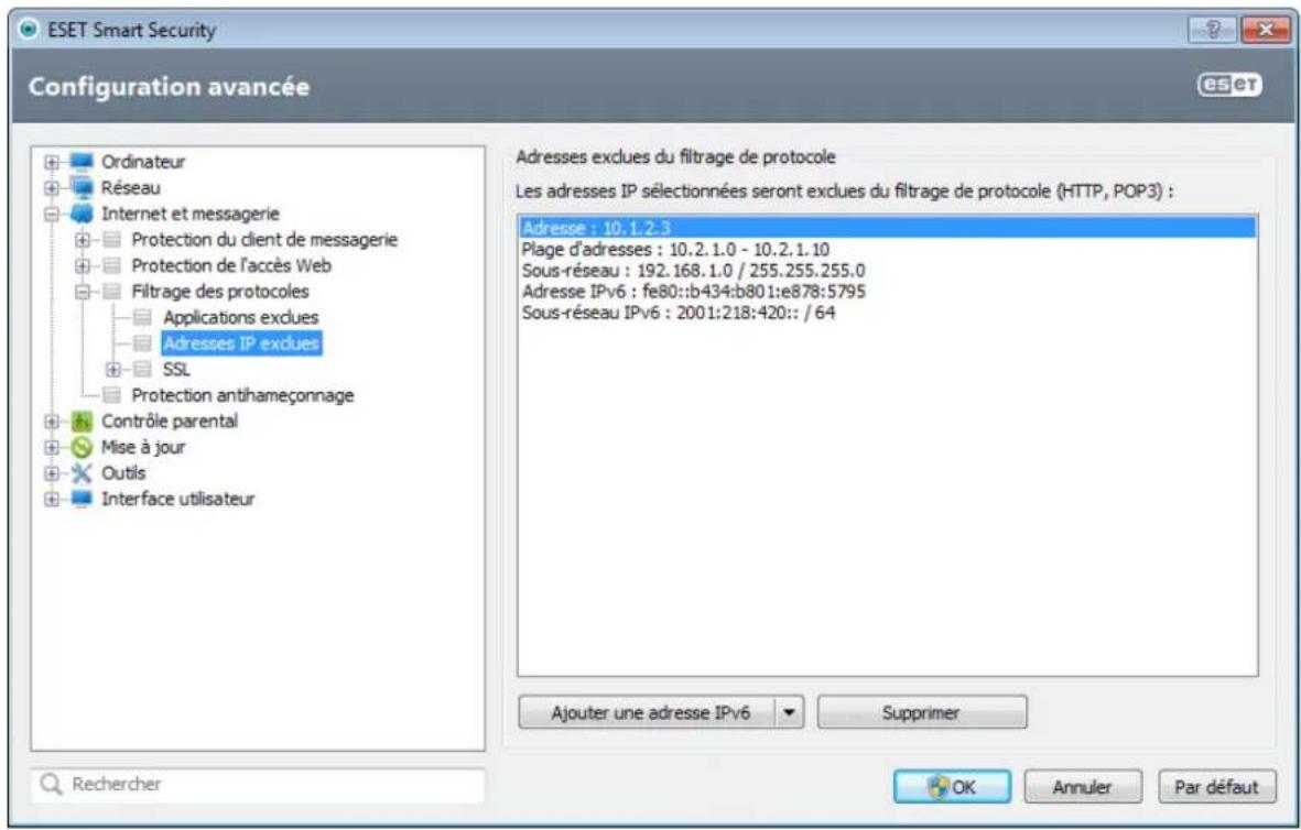 ESET Smart Security 6 - Adresses IP exclues - 1