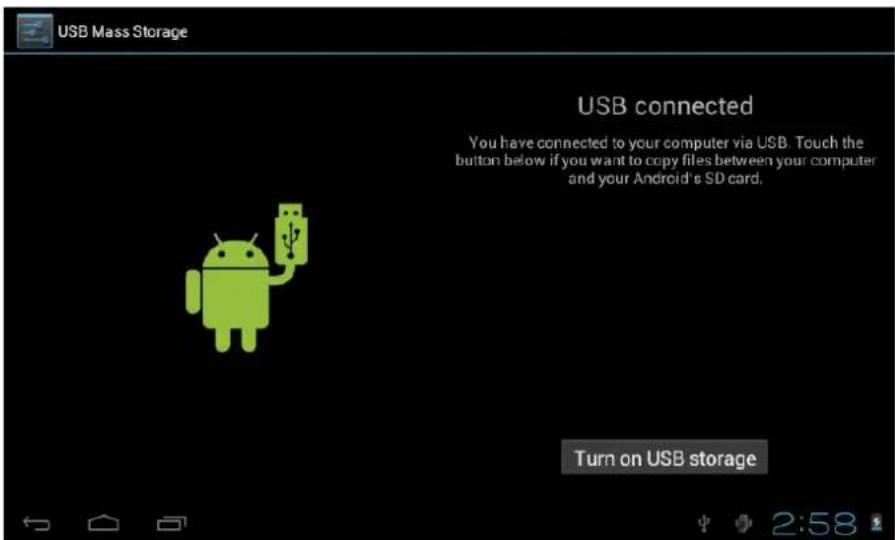 USB Mass Storage USB connected You have connected to your computer via USB. Touch the button below if you want to copy files between your computer and your Android's SD card. Turn on USB storage