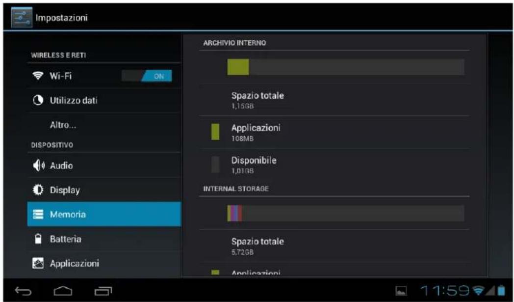 Impostazioni WIRELESS E RETI Wi-Fi Utilizzo dati Altro... DISPOSITIVO Audio Display Memoria Batteria Applicazioni ARCHIVIO INTERNO Spazio totale 1,15GB Applicazioni 108MB Disponibile 1,01GB INTERNAL STORAGE Spazio totale 5,72GB Applicazioni 11:59
