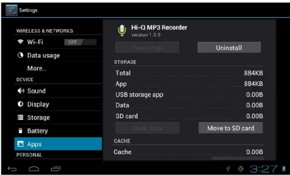 Settings WIRELESS & NETWORKS Wi-Fi OFF Data usage More... DEVICE Sound Display Storage Battery Apps PERSONAL Hi-Q MP3 Recorder version 1.5.9 Force stop Uninstall STORAGE Total 884KB App 884KB USB storage app 0.00B Data 0.00B SD card 0.00B Clear data Move to SD card CACHE Cache 0.00B