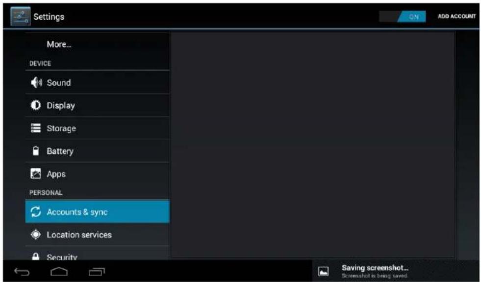 Settings More... DEVICE Sound Display Storage Battery Apps PERSONAL Accounts & sync Location services Security Saving screenshot... Screenshot is being saved.