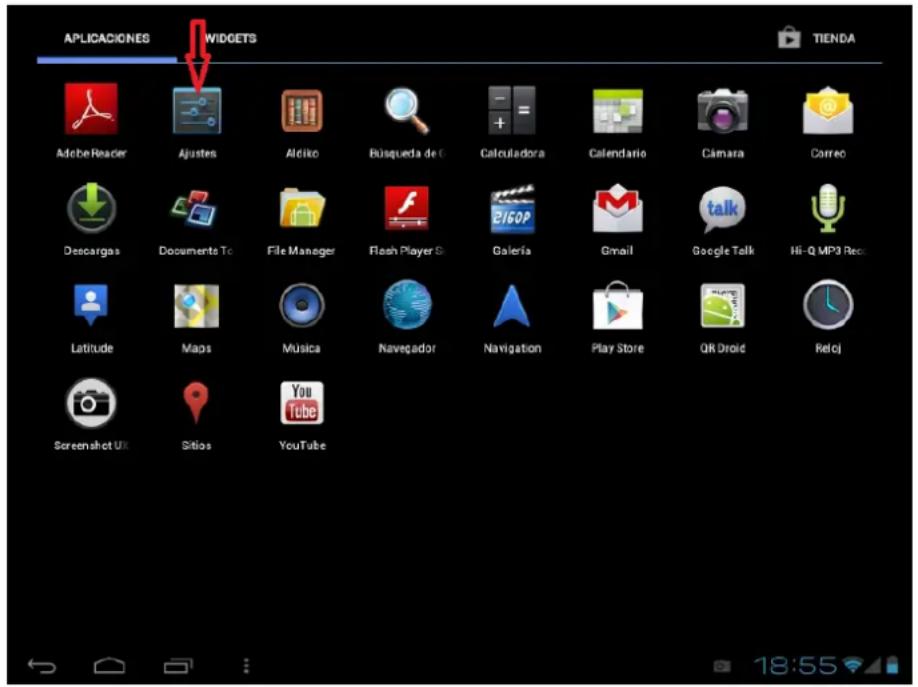 APPLICACIONES WIDGETS TIENDA Adobe Reader Ajustes Aldito Búsqueda de Calucadora Calendario Cámara Correo Descargas Documento To File Manager Flash Player S Galería Gmail Google Talk Hi-Q MP3 Rec Latitude Maps Música Navegador Navigation Play Store QR Droid Reloj Screenshot UI Sitios YouTube