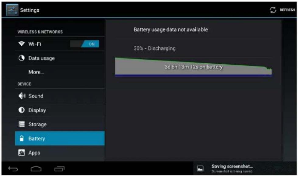 Settings WIRELESS & NETWORKS Wi-Fi ON Data usage More... DEVICE Sound Display Storage Battery Apps Battery usage data not available 30% - Discharging 3d 6h 18m 12s on battery Saving screenshot... Screenshot is being saved
