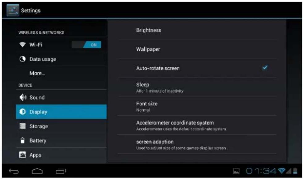 Settings WIRELESS & NETWORKS Wi-Fi ON Data usage More... DEVICE Sound Display Storage Battery Apps Brightness Wallpaper Auto-rotate screen Sleep After 1 minute of inactivity Font size Normal Accelerometer coordinate system Accelerometer uses the default coordinate system. screen adaption Used to adjust size of some games display screen.