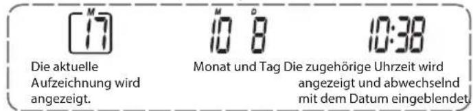 [17] Die aktuelle Aufzeichnung wird angezeigt. 10 8 Monat und Tag Die zugehörige Uhrzeit wird angezeigt und abwechselnd mit dem Datum eingeblendet. 10:38