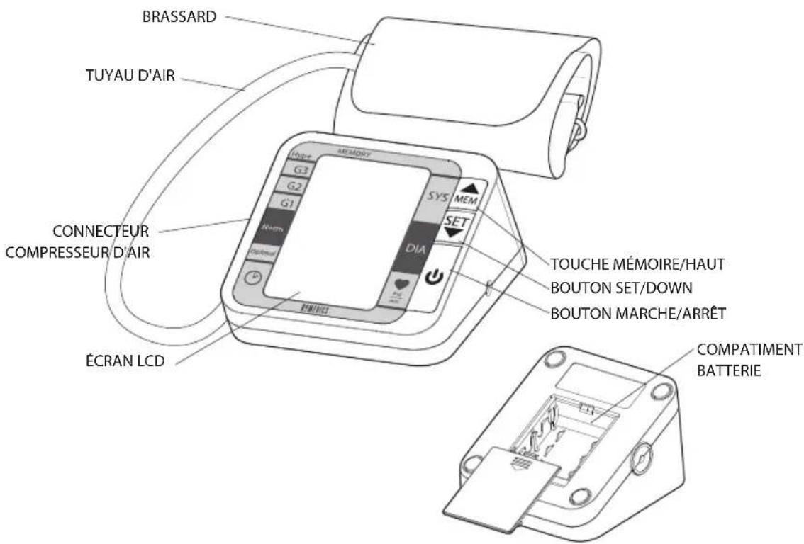BRASSARD TUYAU D'AIR CONNECTEUR COMPRESSEUR D'AIR ÉCRAN LCD TOUCHE MÉMOIRE/HAUT BOUTON SET/DOWN BOUTON MARCHE/ARRÊT COMPATIMENT BATTERIE