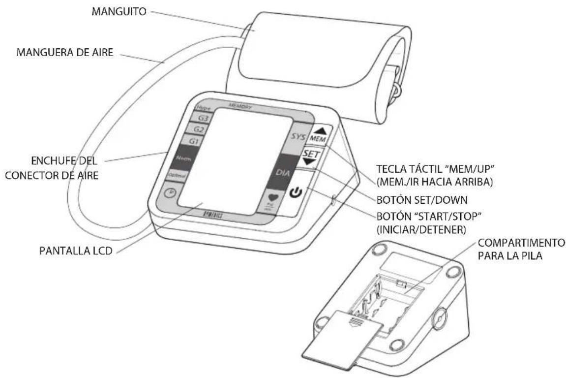 MANGUITO MANGUERA DE AIRE ENCHUFE DEL CONECTOR DE AIRE PANTALLA LCD MEMORY G3 G2 G1 Nem Optimal SYS MEM SET DIA TECLA TÁCTIL "MEM/UP" (MEM./IR HACIA ARRIBA) BOTÓN SET/DOWN BOTÓN "START/STOP" (INICIAR/DETENER) COMPARTIMENTO PARA LA PILA