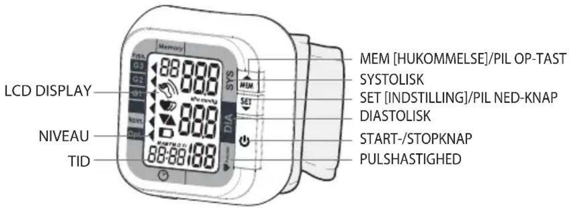 MEM [HUKOMMELSE]/PIL OP-TAST SYSTOLISK SET [INDSTILLING]/PIL NED-KNAP DIASTOLISK START-/STOPKNAP PULSHASTIGHED LCD DISPLAY NIVEAU TID 88:88:188 88:88:00 88:88:00 88:88:00 88:88:00 88:88:00 88:88:00 88:88:00 88:88:00 88:88:00 88:88:00 88:88:00 88:88:00
