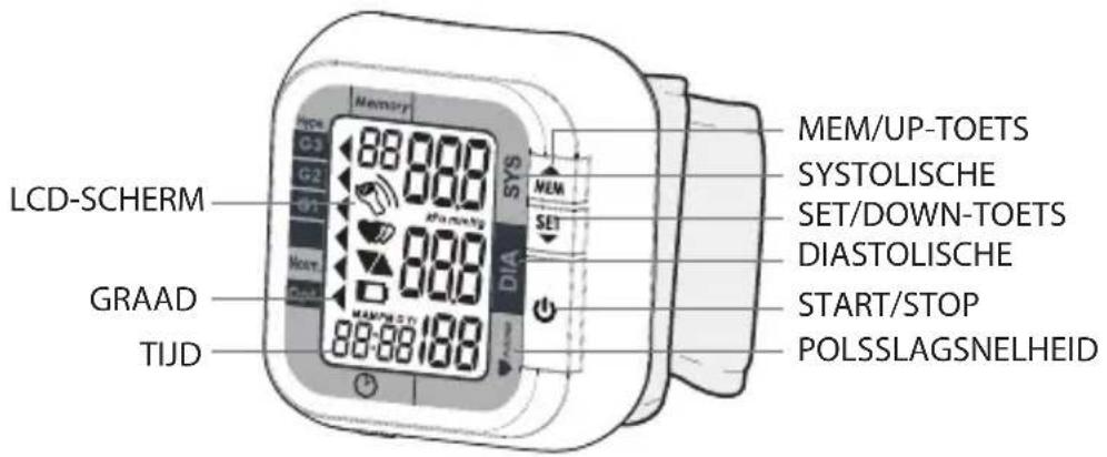MEM/UP-TOETS SYSTOLISCHE SET/DOWN-TOETS DIASTOLISCHE START/STOP POLSSLAGSNELHEID LCD-SCHERM GRAAD TIJD