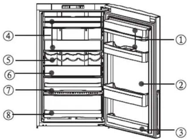 Technical diagram of an open refrigerator with numbered parts for identification