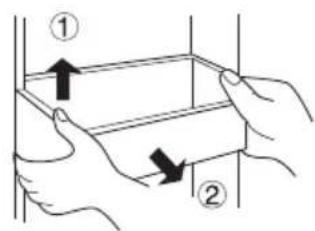 Diagram showing two hands holding a rectangular object with directional arrows labeled ① and ②, likely illustrating a physical or mechanical setup.