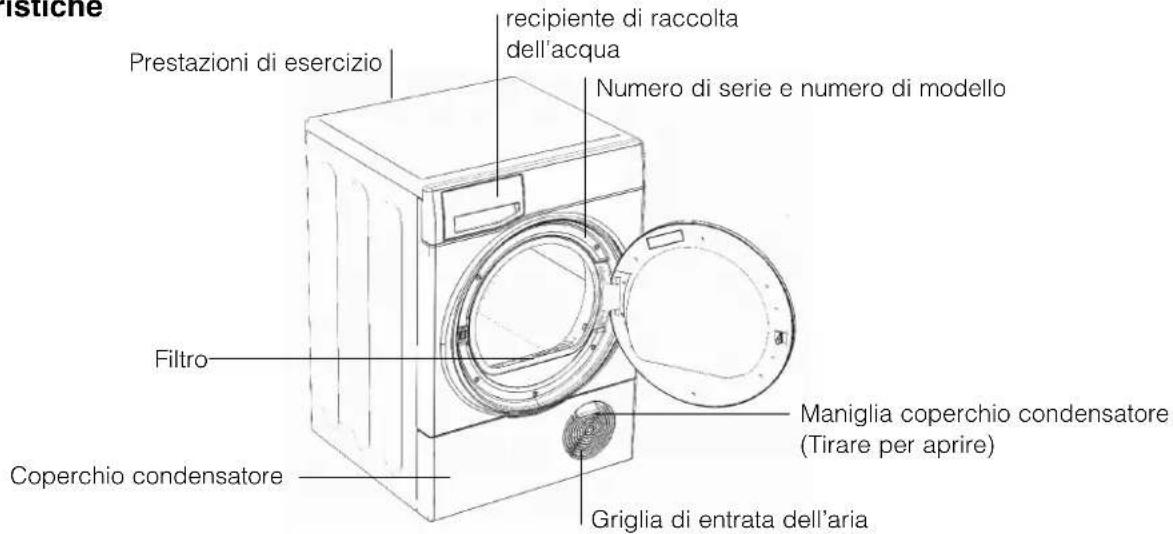 istiche Prestazioni di esercizio recipiente di raccolta dell'acqua Numero di serie e numero di modello Filtro Coperchio condensatore Maniglia coperchio condensatore (Tirare per aprire) Griglia di entrata dell'aria