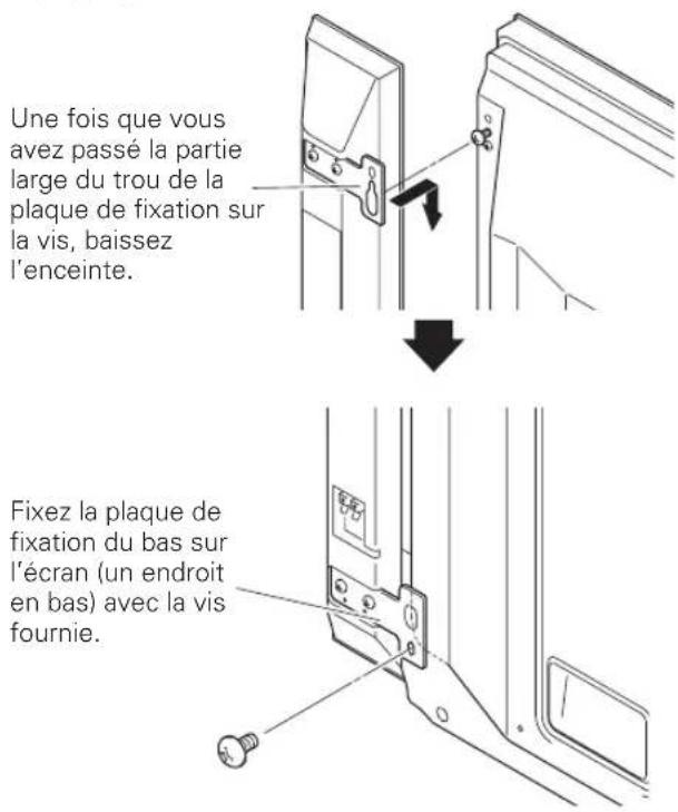 PIONEER PDPS60 - Placez la plaque de fixation d'enceinte sur la vis que vous venez de poser en passant la partie large par-dessus puis en faisant glisser la vis au bas de la fente. Vissez provisoirement la vis du bas. - 1