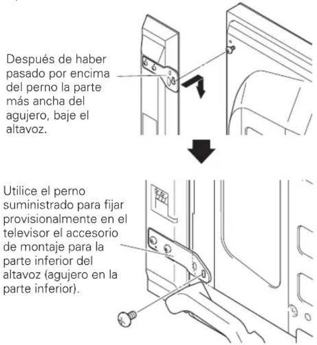 PIONEER PDPS61 - Cuelgue el accesorio de montaje del altavoz en el perno que ha atornillado en la parte superior. Paraarlo, deslice la parte más ancha por encima de el y después bajo el altavoz y encajelo en la ranura; atornille provisionalmente el perno inferior. - 1