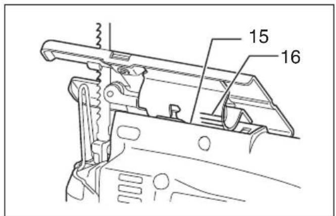 Technical diagram of a mechanical assembly with labeled parts 15 and 16, showing structural components and alignment indicators.