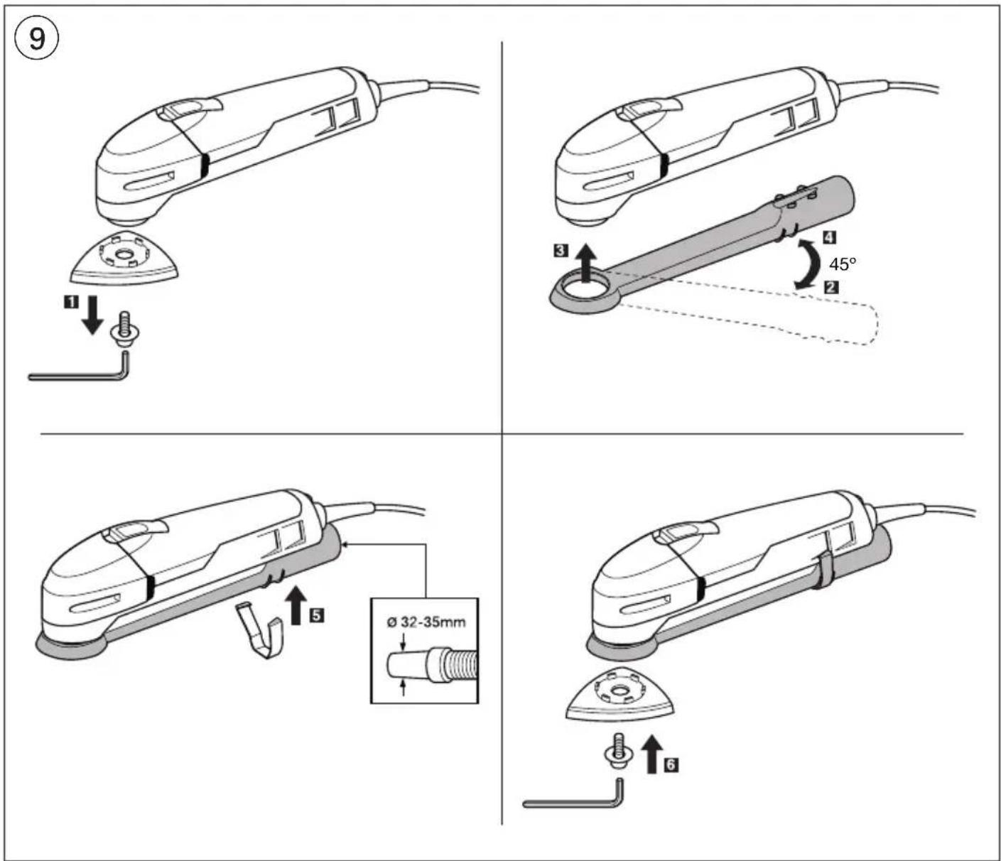Technical diagram showing six steps of a hairdryer tool installation, with numbered instructions and component details.