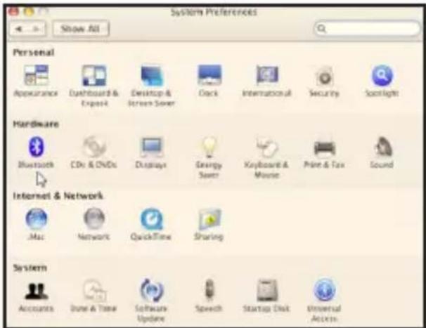 System Preferences Show All Personal Appearance Dashboard & Export Desktop & Screen Saver Clock International Security Spotlights Hardware Bluetooth CDs & CDs Displays Energy Saver Keyboard & Mouse Print & Tax Sound Internet & Network Mac Network QuickTime Sharing System Accounts Done & Time Software Update Speech Startup Disk Universal Access