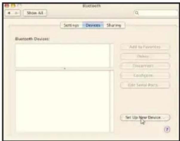 Bluetooth Show All Settings Devices Sharing Bluetooth Devices: Add to Favorites Delete Displacement Configarm Edit Serial Ports... Set Up New Device...