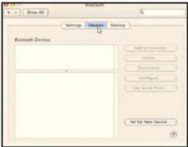 Bluetooth Show All Settings Devices Sharing Bluetooth Devices: Add to Favorites Delete Disconnect... Configuret... Edit Serial Ports Set Up New Device...