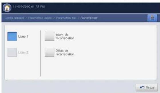 11-04-2010 01:49 PM Config activel > Paramètres apples > Paramètres fix > Recomposer Ligne 1 Interv. de recomposition Ligne 2 Delais de recomposition Retour