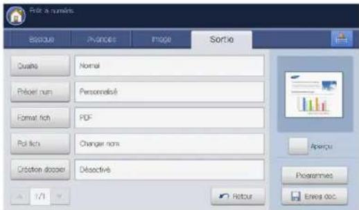 Fidir à nombre Emission Présions Image Sortie Qualité Normal Prévoire nurn Personneloué Format fich PDF Put fich Changer nurn Crédition dopier Désactivé Aperçu Programmes Enreis d'oe