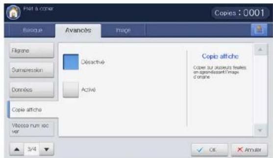 Pliet à copie Copies : 0001 Basique Avancés Image Filegre Sumpression Données Copie affiche Vitessa num rec ver Déactivé Activé Copie affiche Copier sur plusieurs fautes en grandissant l'image d'orgine 3/4 OK Anmuter