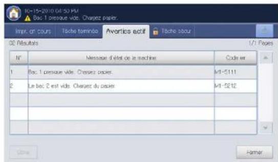 10-15-2010 04:50 PM Bas 1 pressque vide. Chaserz papier. Impr. en cours Tâche tominde Avertices actif Tâche secur DE RÉSULTATS N° Message d'état de la machine Código en 1 Bec 1 pressque vide. Chaserz papier. M1-5111 2 Le bec 2 est vide. Chaserz du papier M1-5212 : : : : : : : : Harmier
