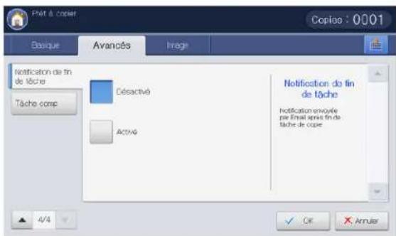 Pât à copier Copice : 0001 Basque Avancés Image Notification de fin de tâche Tâche comp Céactivé ACT/4 Notification do fin de tâche notification envoule par Enal après fin de tâche de cope 4/4 OK Anmuer
