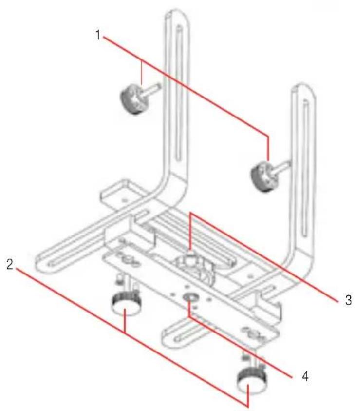 Technical diagram of a mechanical assembly with numbered parts and red dimension lines indicating assembly steps.