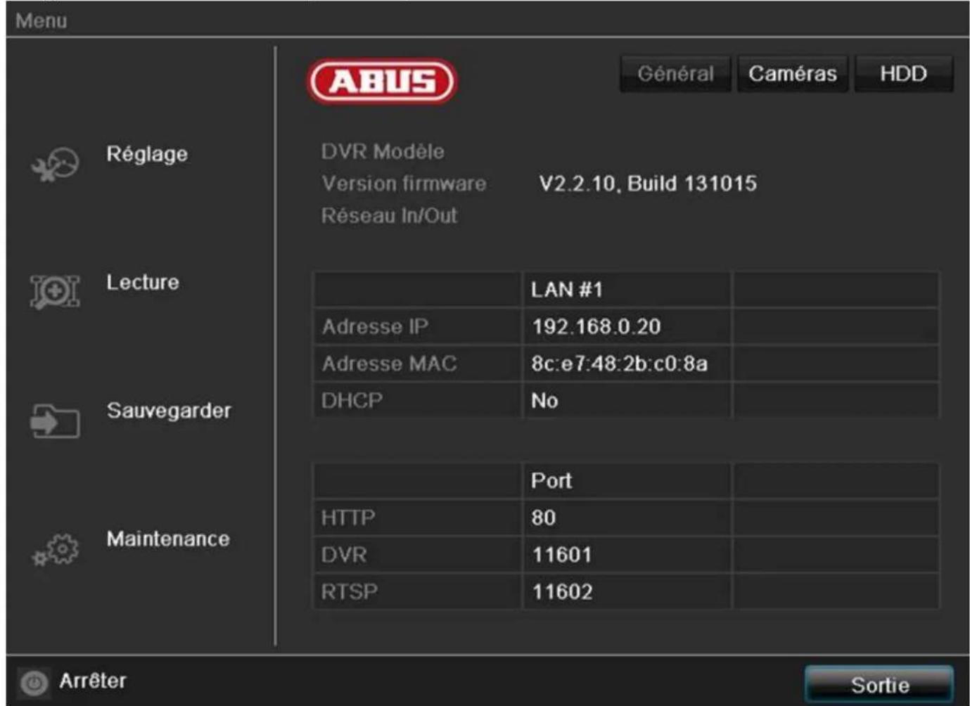 ABUS TVVR41210 - Vue d'ensemble des menus - 1