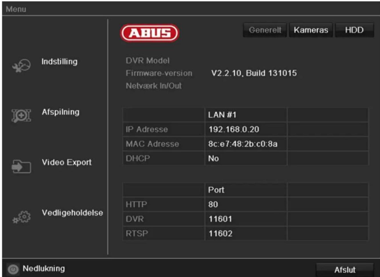 ABUS TVVR41210 - Menuoversigt - 1
