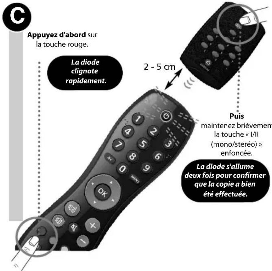 Appuyez d'abord sur la touche rouge. La diode clignote rapidement. 2 - 5 cm Puis maintenez brièvement la touche « I/II (mono/stéréo) » enfoncée. La diode s'allume deux fois pour confirmer que la copie a bien été effectuée.