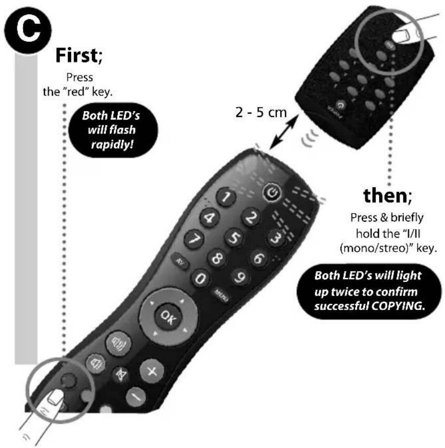 C First; Press the "red" key. Both LED's will flash rapidly! 2 - 5 cm then; Press & briefly hold the "I/II (mono/streo)" key. Both LED's will light up twice to confirm successful COPYING.