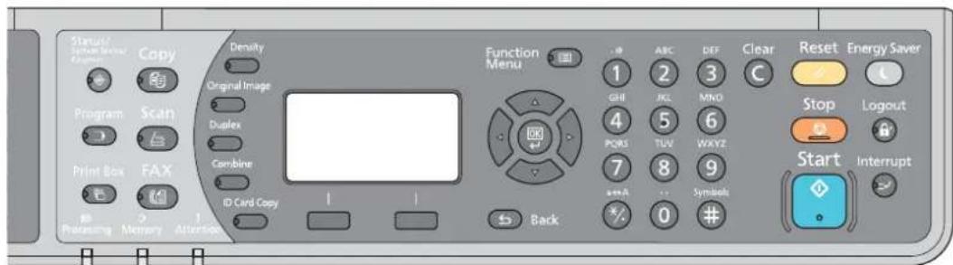 Status/ Sprint Manual Copy Density Original Image Program Scan Duplex Print Box FAX Combine ID Card Copy Back Function Menu 1 ABC DEF GHI JKL MNO 4 5 6 PORS TLV WXYZ 7 8 9 + +A ... Symbolis * 0 # C Reset Energy Saver Stop Logout Start Interrupt