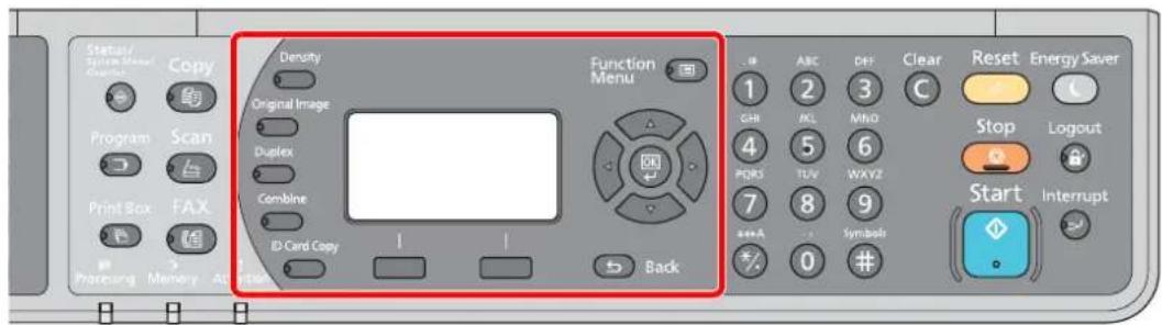 Status/System Manager Copy Program Scan Print Box FAX Copy Density Original Image Duplex Combine ID Card Copy Function Menu Back 1 ABC DEF Clear Reset Energy Saver 2 3 C 4 5 MNO Stop Logout PQRS TLV WXYZ 7 8 9 Start Interrupt 0 Symboli