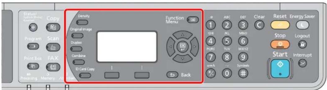 Status/ System Name/ Copyright Copy Program Scan Print Box FAX Processing Memory Adjusted Density Original Image Duplex Combine ID Card Copy Function Menu Back ABC DEF Clear Reset Energy Saver 1 2 3 C GHI RCL MNO 4 5 6 PORS TUV WXYZ 7 8 9 +++ Symbols 0 # Start Interrupt