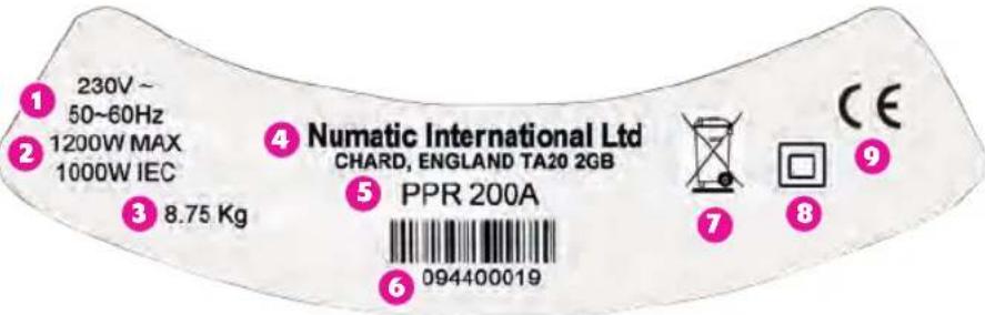 Numatic PPR200A - Rating Label - 1